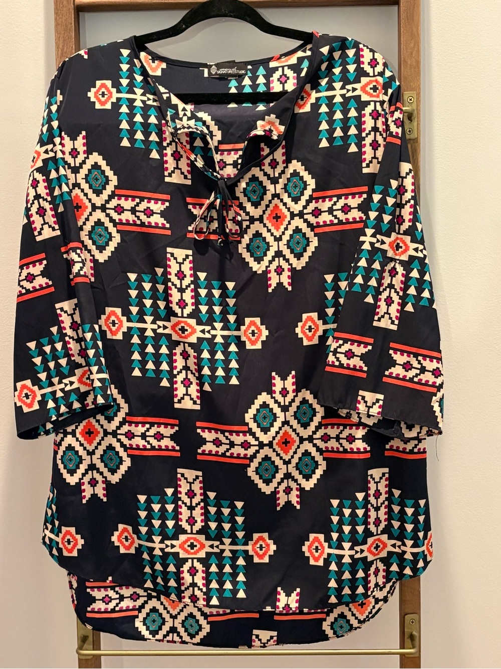Signature Studio Navy Aztec-Print Tie Front Tunic